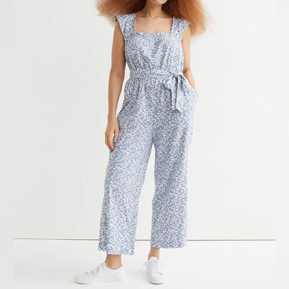 H&M Floral Square-Neck Tie Belt Jumpsuit Linen Blend Sz XL Spring Summer Casual